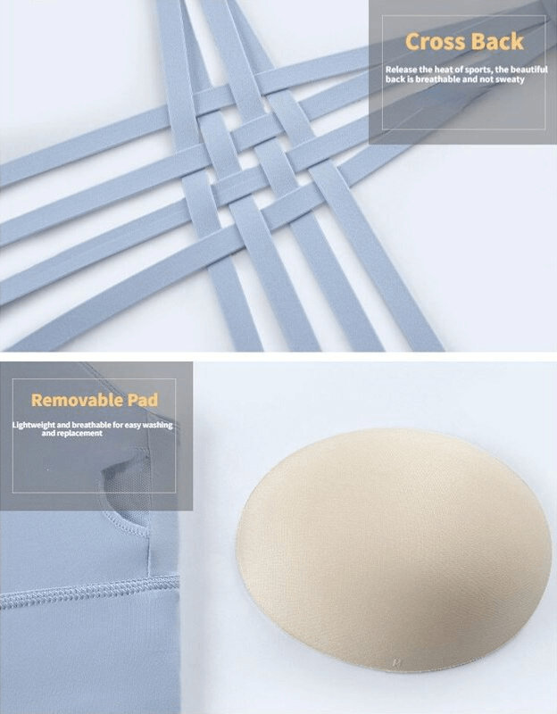 Stylish women's top with cross back straps and removable pad display, perfect for yoga and exercise comfort and breathability.